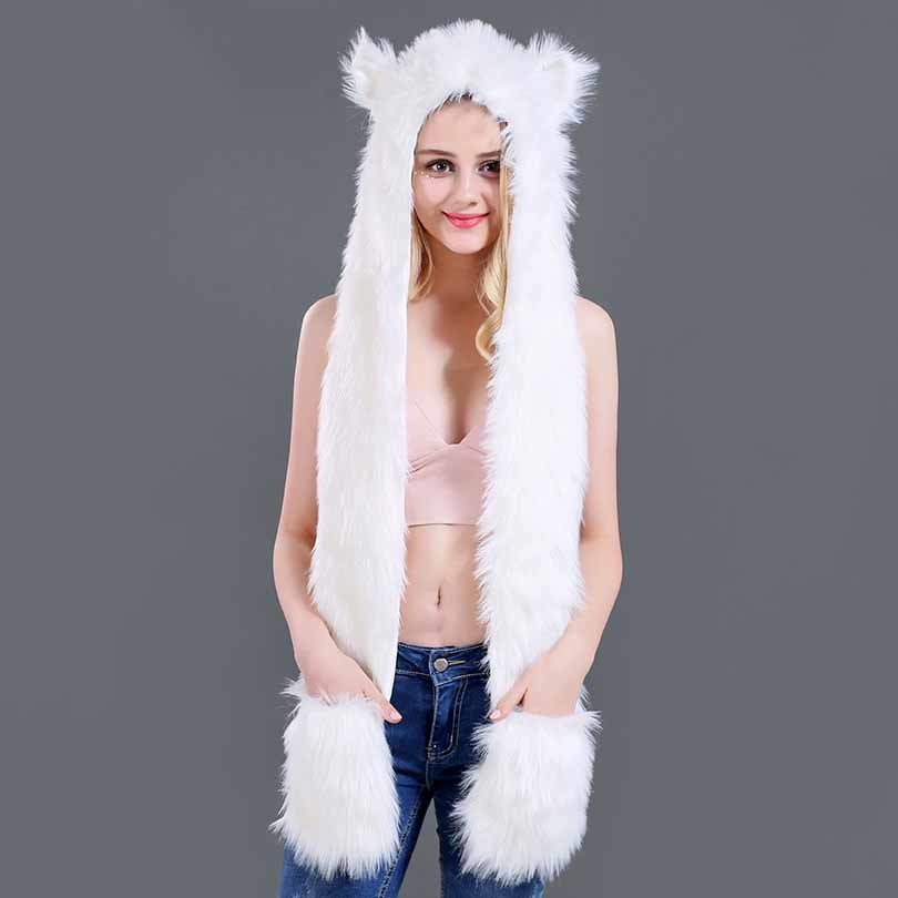 Faux Fur Straw Cartoon Animal Hat Scarf Gloves One - Bellarte Enchanté Faux Fur Straw Cartoon Animal Hat Scarf Gloves One